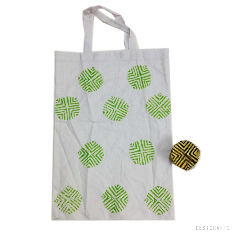 The bag made using Apple Green geometric circle wooden stamp by DesiCrafts